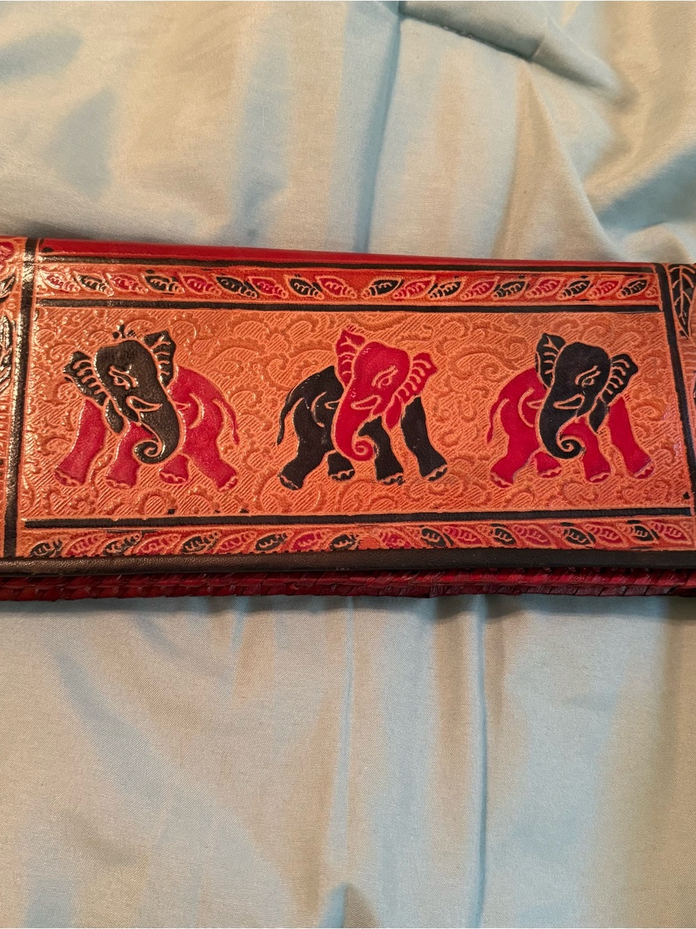 Handcrafted Elephant Embossed Leather Clutch - Red & Black Accents travel